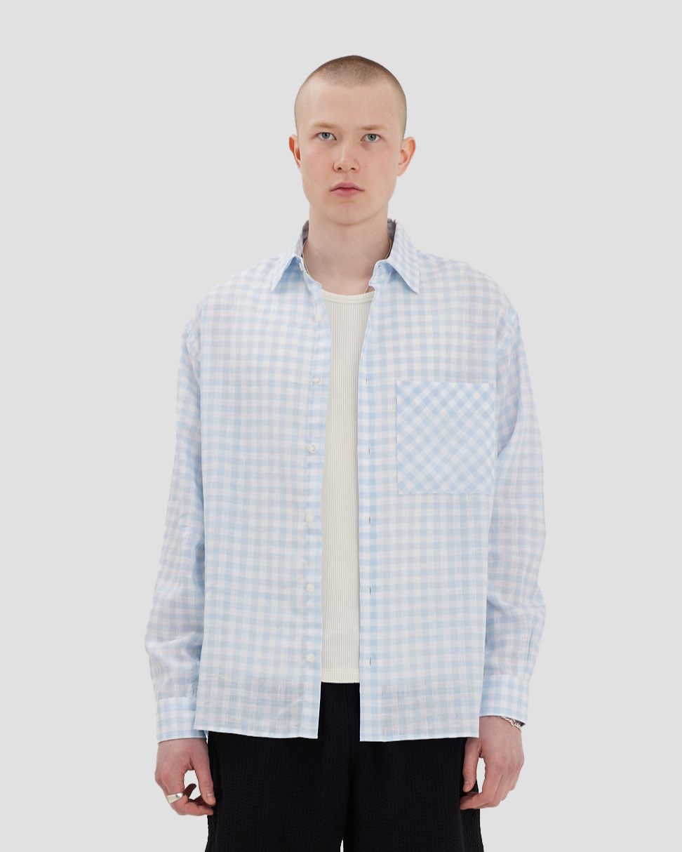 Oversized Shirt Linen Plaid Blue