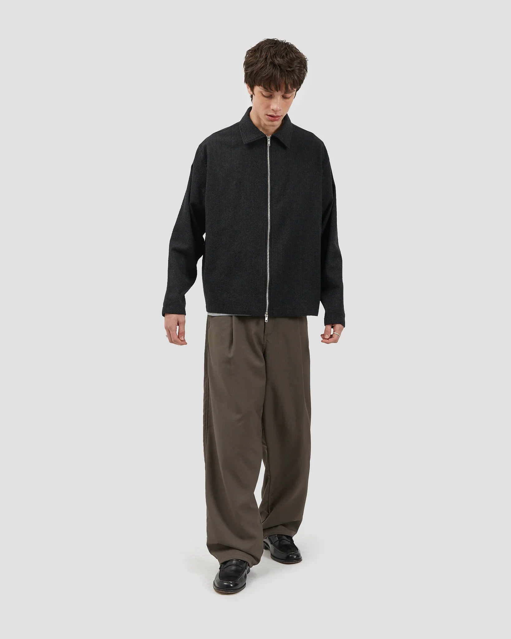 Zipper Shirt Wool Textured Black