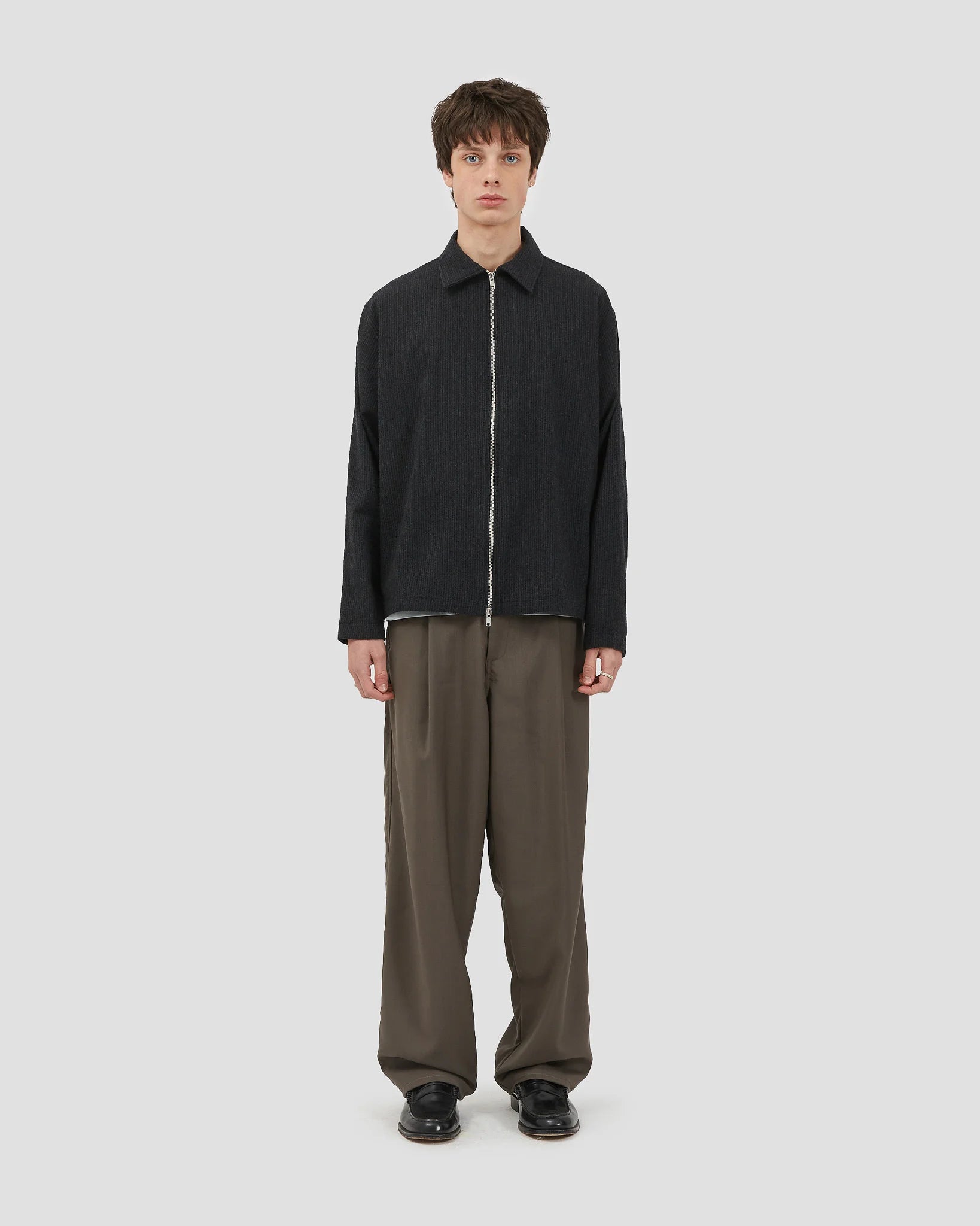 Zipper Shirt Wool Textured Black