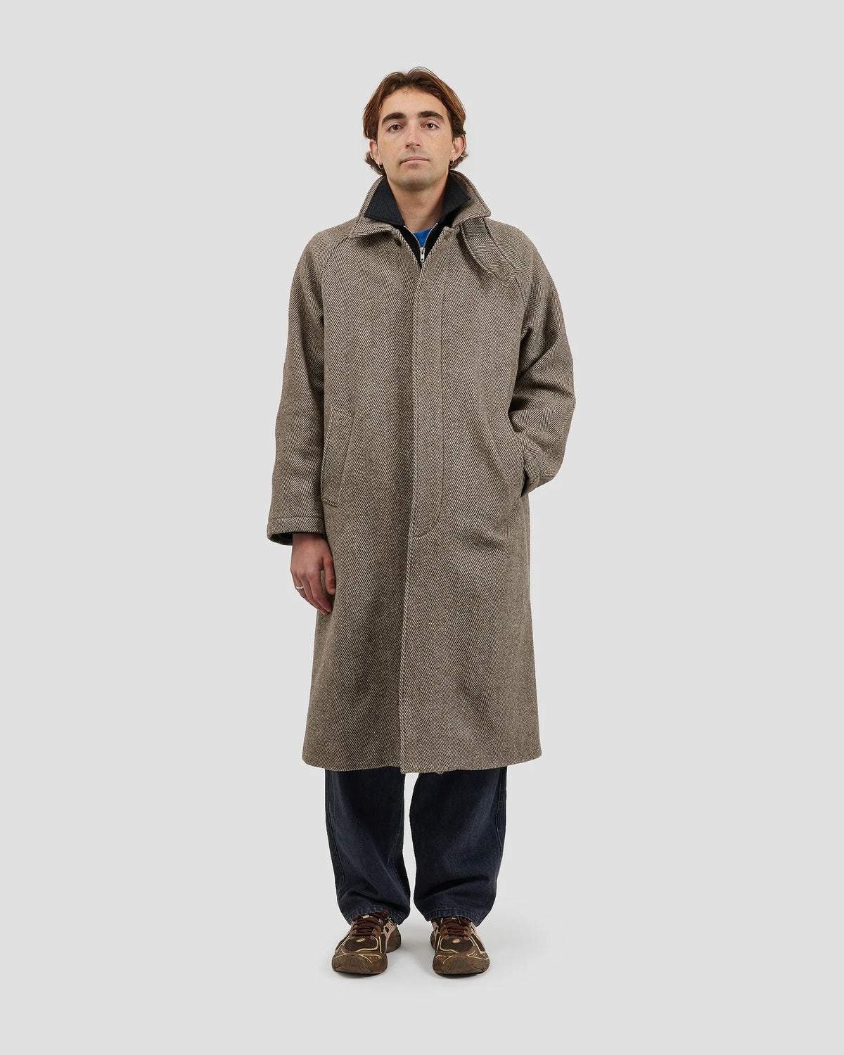Raglan Top Coat Herringbone Brown
