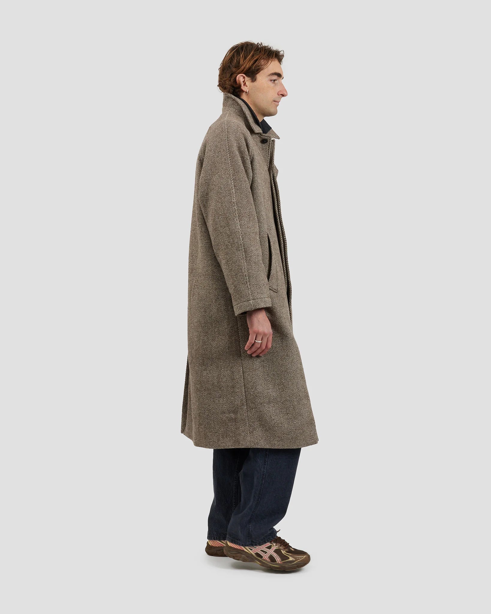 Raglan Top Coat Herringbone Brown