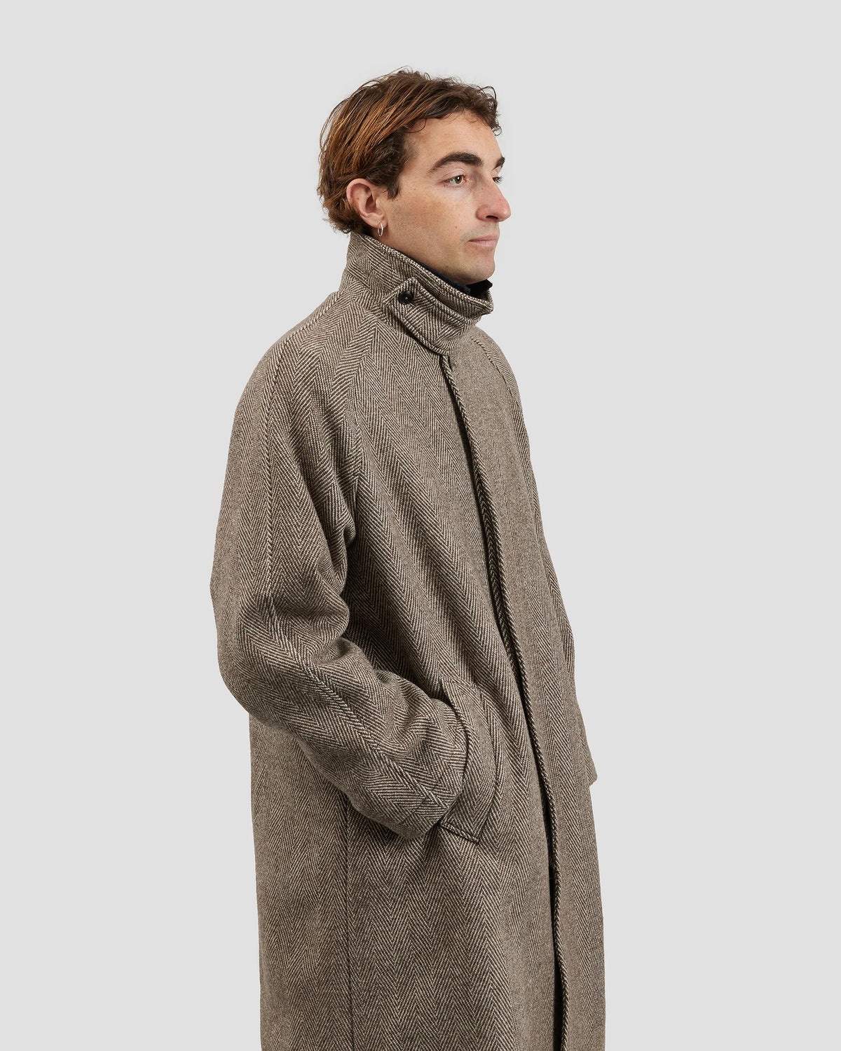 Raglan Top Coat Herringbone Brown